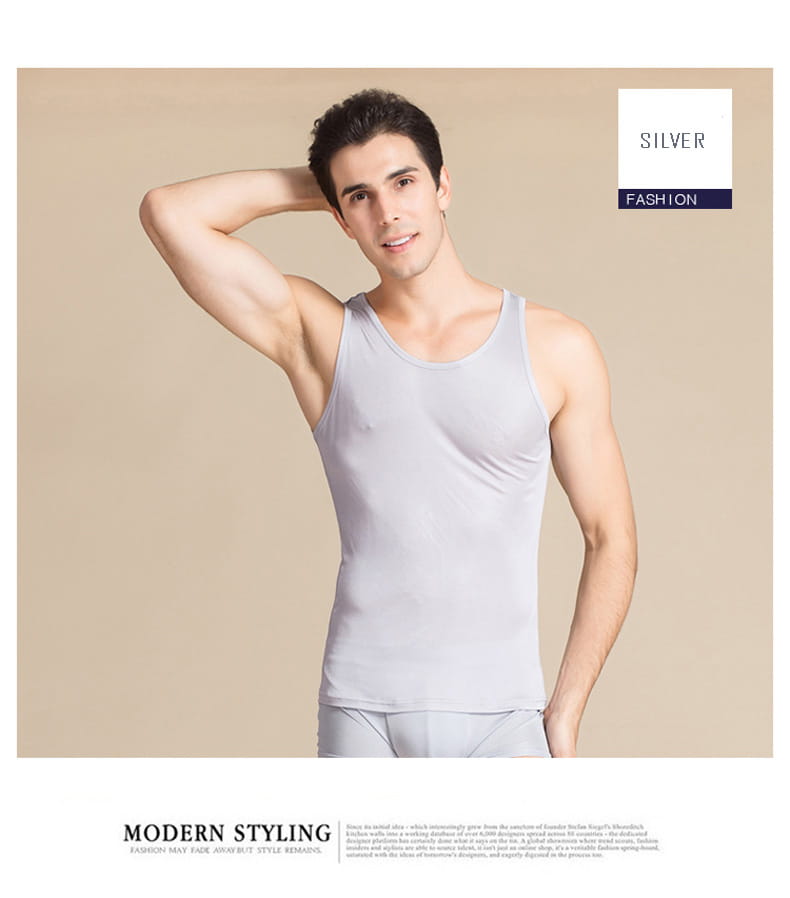 Silver sleeveless tank top made of silk blend with a simple modern design for casual wear featuring an o neck vest style.