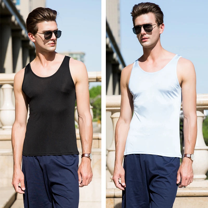 Men Tank Tops 30% Real Silk Solid Tanks For Men O Neck Vest 2025 New Spring Summer Black White Bottoming Shirt