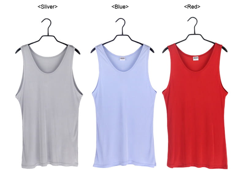 Three sleeveless silk blend tank tops in silver blue and red are displayed on hangers designed for casual wear with o neck vests for men.