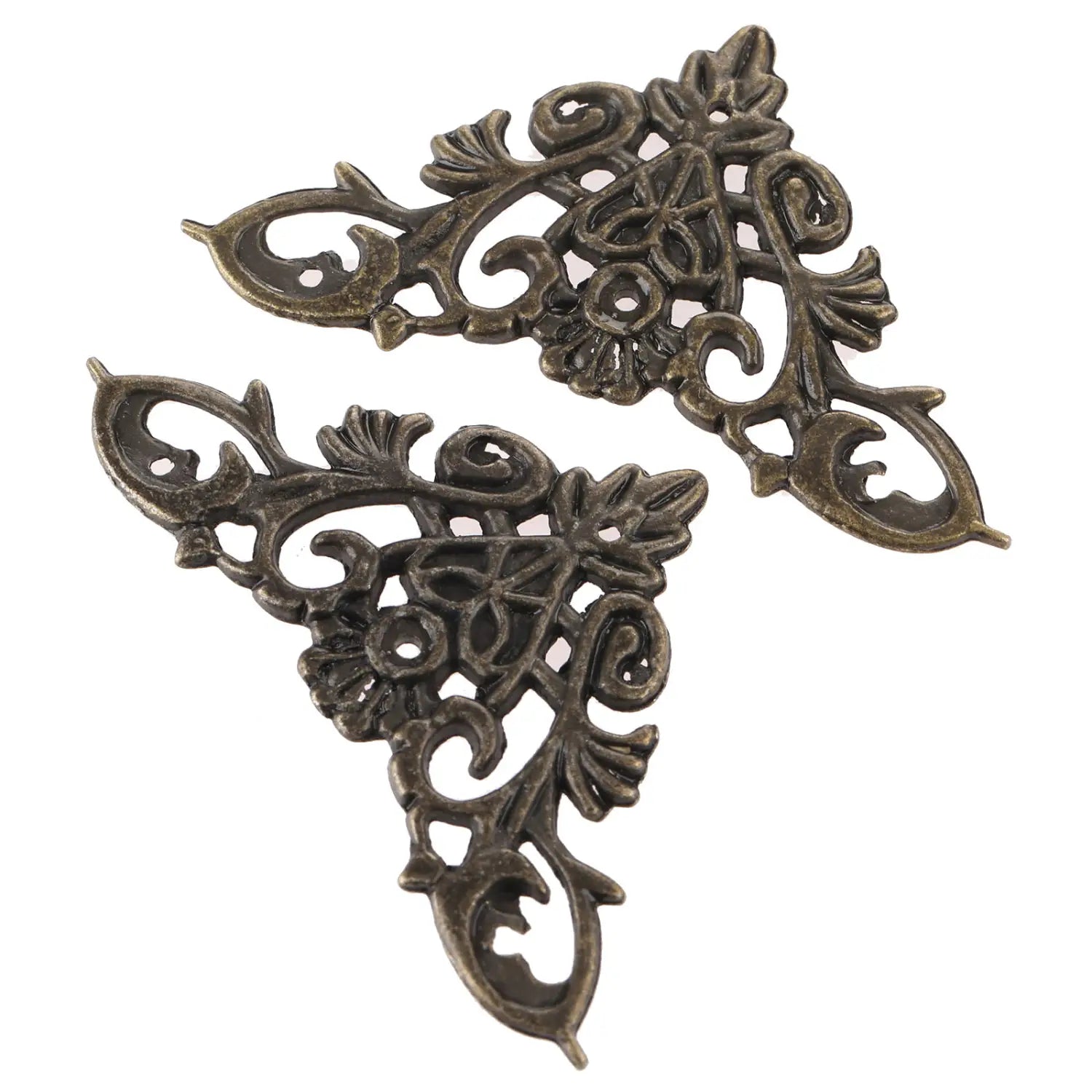 antique bronze-colored zinc alloy corner protectors with intricate floral and scrollwork designs for decorative edge protection in a 4-pack set