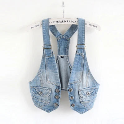 Women Vintage Vest Denim Jacket Cool Outerwear Slim Sleeveless  Casual Jeans Waistcoats Single-breasted Female Short Denim Tops