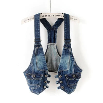 Women Vintage Vest Denim Jacket Cool Outerwear Slim Sleeveless  Casual Jeans Waistcoats Single-breasted Female Short Denim Tops