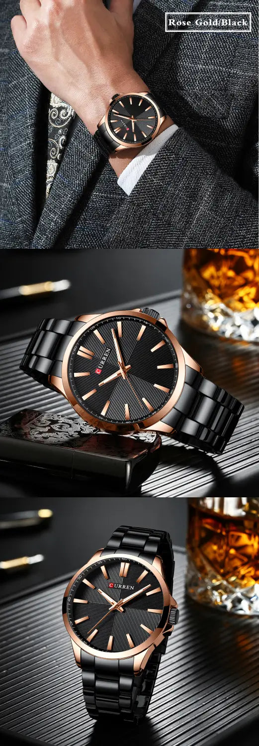 Montre pour homme Curren en or rose, quartz, présentant un design moderne élégant avec des matériaux en or rose et en céramique noire.