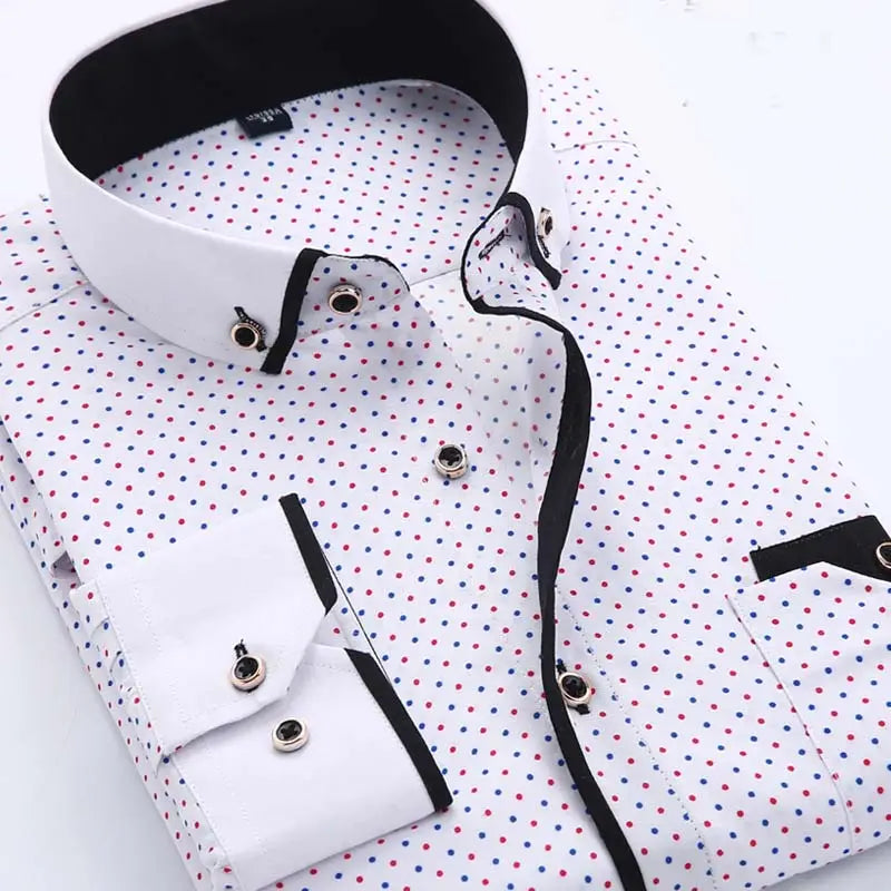 men floral dress shirt slim fit long sleeve casual white with subtle red and blue polka dot pattern and black trim on collar cuffs and placket