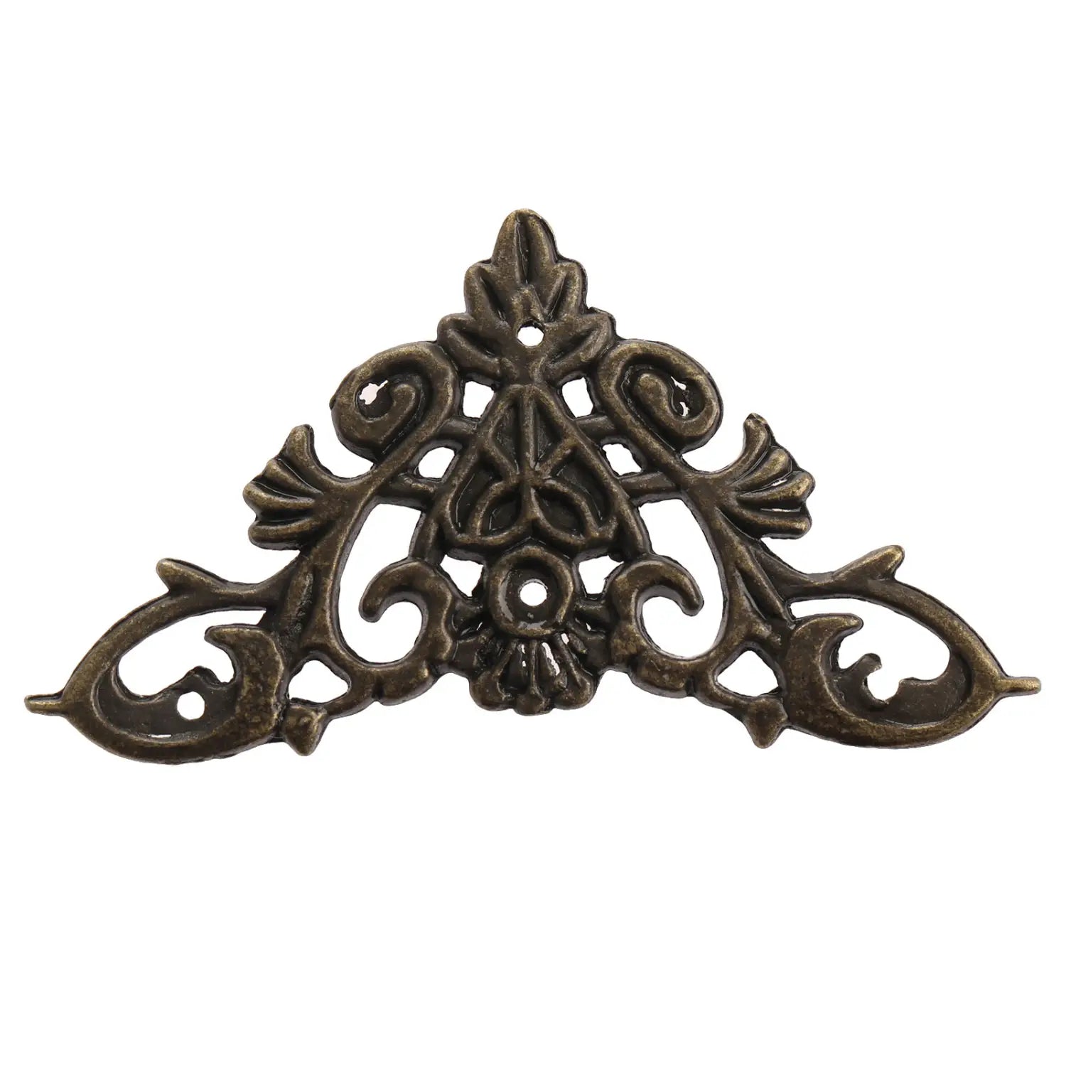 Antique bronze-colored zinc alloy corner protector with intricate scrollwork and floral motifs designed as a decorative edge cover.