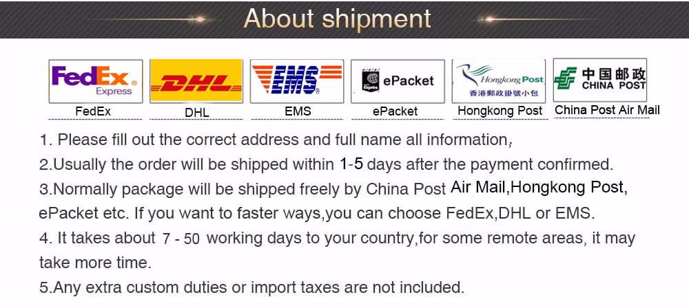 The shipping information screen for a black tungsten wedding ring with green aluminum 8mm displays logos for FedEx, DHL, EMS, ePacket, Hong Kong Post, and China Post Air Mail.