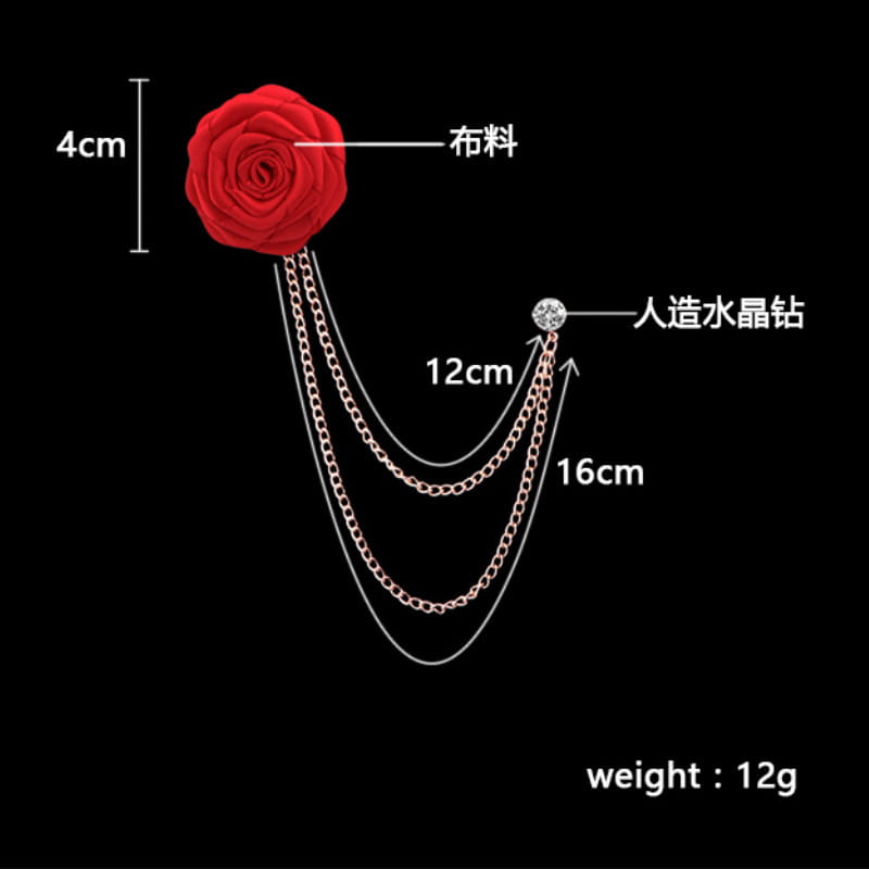 red fabric rose brooch with three layered silver chains and a crystal accent designed as a tassel chain men suit pin.