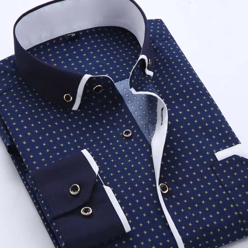 Men floral dress shirt slim fit long sleeve casual in navy blue with subtle gold star pattern and white trim on collar and cuffs.