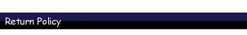 return policy text in white sans serif font on a dark navy blue banner for the crystal bridal tiara and wedding crown headpiece