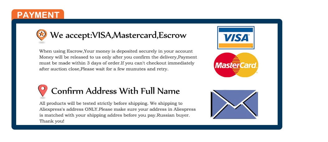 payment options panel displaying visa and mastercard logos with escrow service details for rolling gym equipment storage cart with wheels.