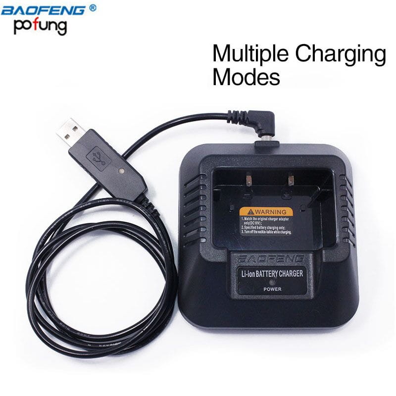 Black plastic baofeng uv-5r li-ion battery charger with a coiled usb cable and angled power connector for uv5r radios.