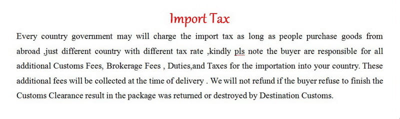 Red import tax text on a white background displayed on the back side of custom wedding hand fans personalized bamboo silk favors.