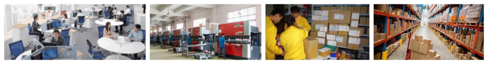 the image shows a collage featuring employees in an office, workers in a manufacturing facility with machinery, individuals inspecting boxes, and a warehouse aisle with stacked cardboard boxes alongside a metal microphone stand clip adjustable mount designed for secure and versatile microphone positioning.