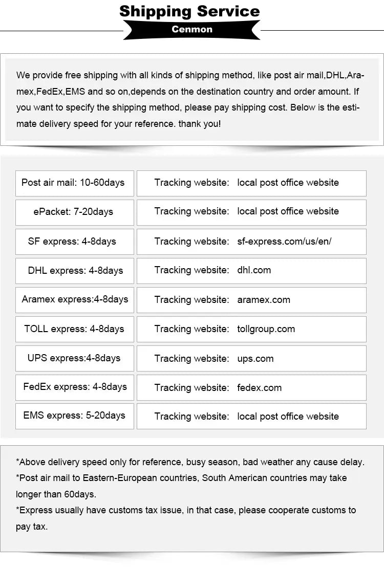 Liste des options de service d’expédition pour Cemon, incluant FedEx et DHL, avec des délais de livraison estimés pour les accessoires de mariage en cristal de la couronne de mariée et de l’ensemble de bijoux
