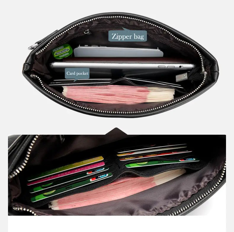 Black leather clutch bag made of pu leather featuring a zippered compartment and card slots showcasing the pocket interior.