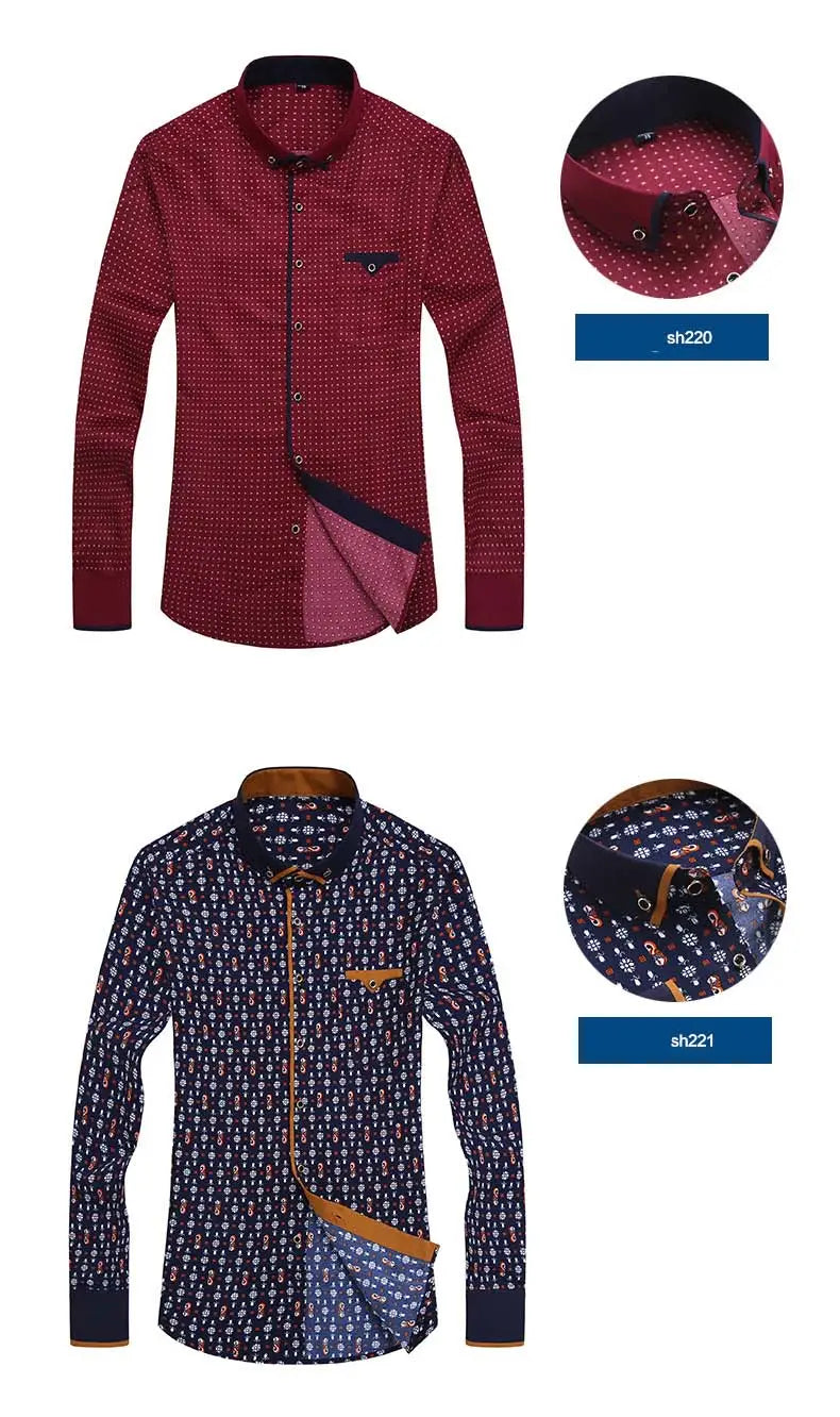 Two men floral dress shirts slim fit long sleeve casual featuring a maroon shirt with subtle dot pattern and navy trim accents and a dark blue shirt with intricate floral print and tan detailing.