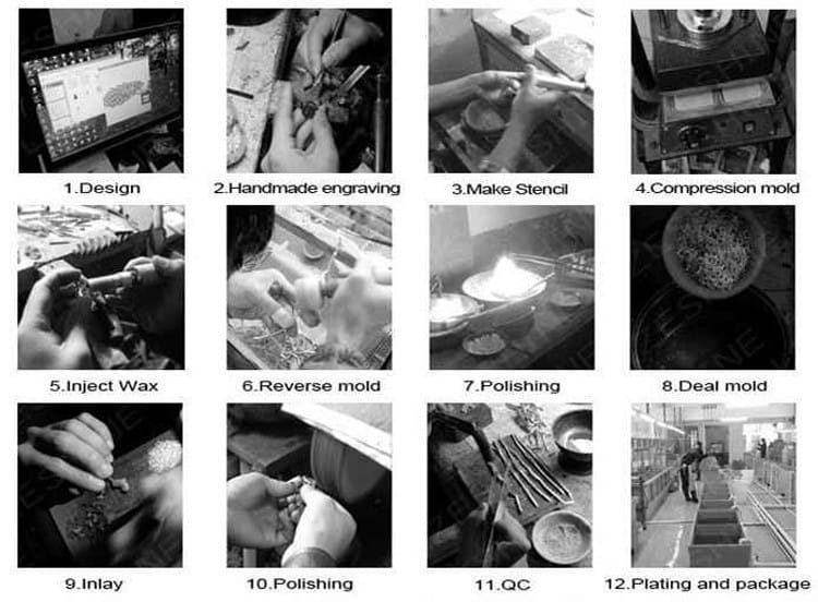 The image displays black-and-white photographs illustrating the step-by-step manufacturing process of the star leather tassel keychain for women, showcasing its design, assembly, plating, and packaging.