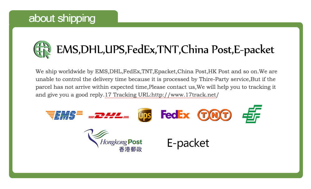 Panel de información de envío con marco verde que enumera servicios internacionales de mensajería: ems, dhl, fedex y tnt para un receptor de carga inalámbrica con interfaz tipo c para teléfono móvil