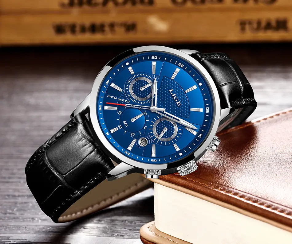 Lige men’s leather chronograph quartz watch featuring a blue dial, silver case, and black leather strap.