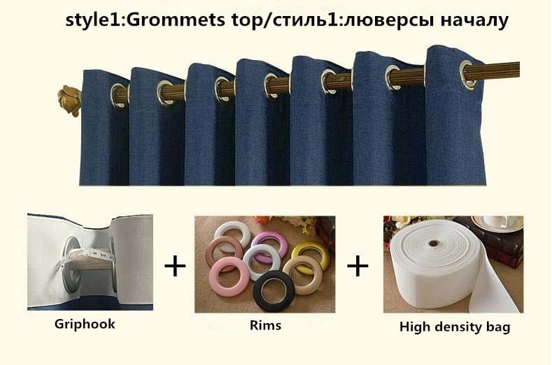 deep blue denim style embroidered living room curtains with grommeted top on wooden rod hardware designed for french window use