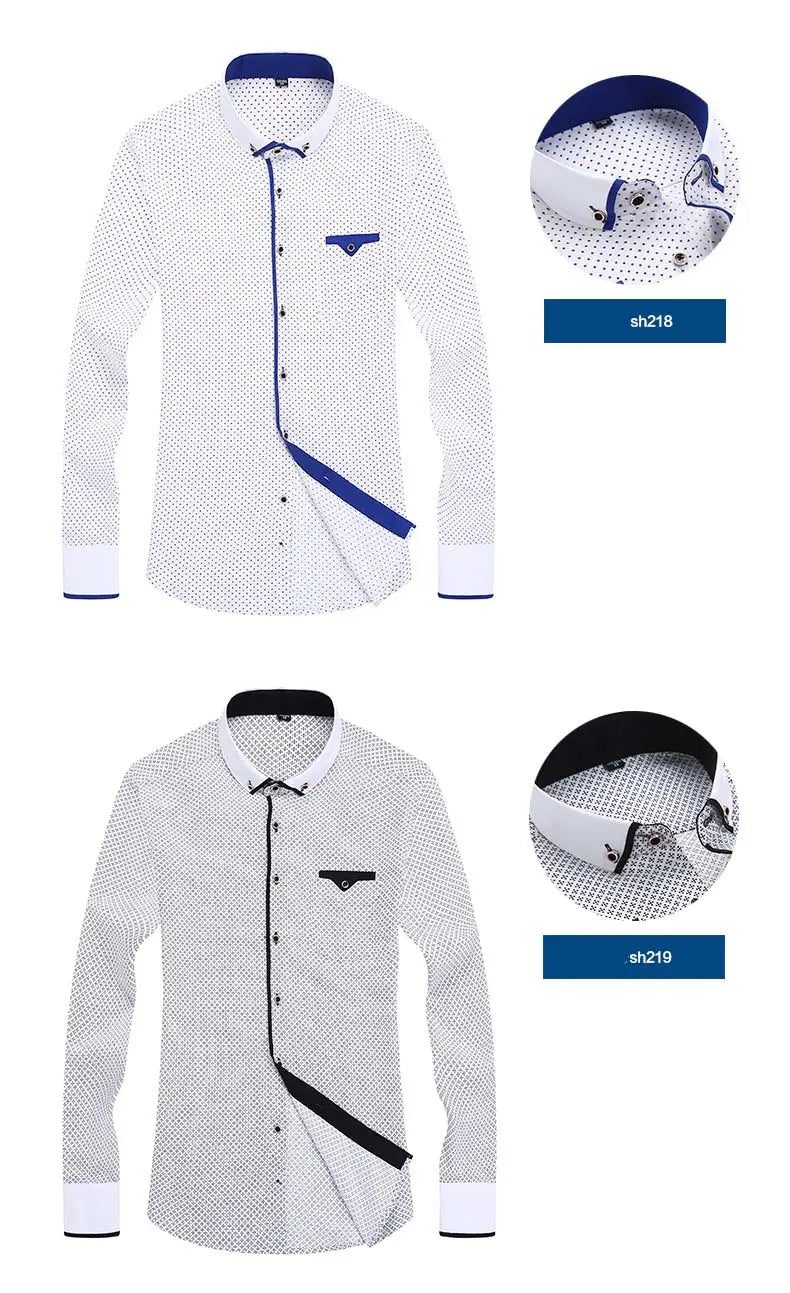 Men floral dress shirt slim fit long sleeve casual with a white geometric patterned fabric and contrasting blue trim on the collar placket and cuffs.