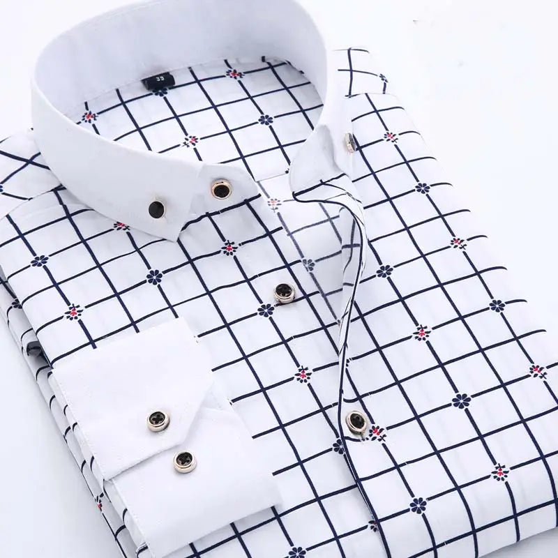 Men floral dress shirt slim fit long sleeve casual white button-down with black grid pattern and red and blue floral accents featuring silver-toned buttons on collar and cuffs.