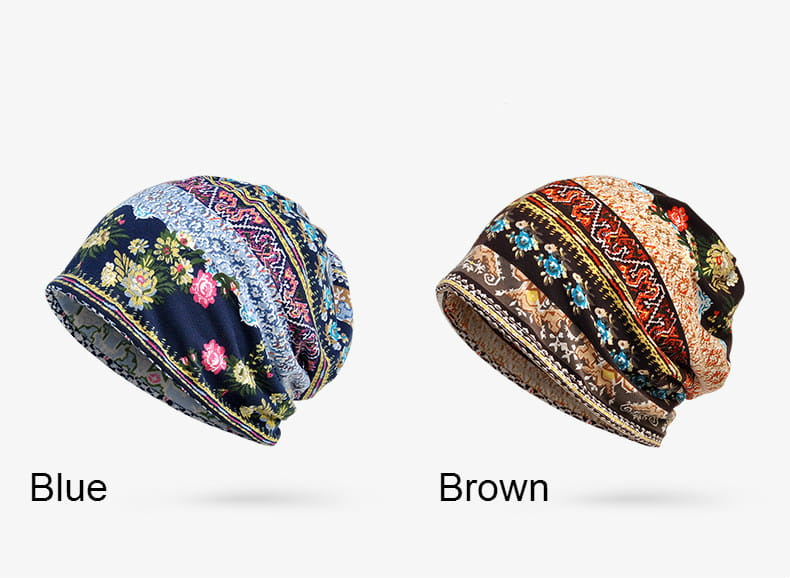 Floral knit beanie hats in blue and brown featuring intricate embroidered designs for unisex casual autumn headwear.