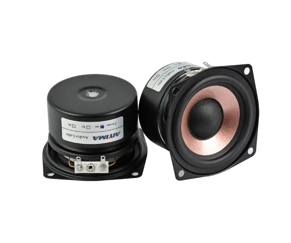Aiyima 2.5 inch full range audio speakers pair featuring black and copper-colored 2.5-inch audio laba driver units with square mounting frames.
