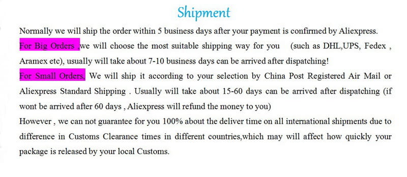 The image shows the shipping policy text for custom wedding hand fans made of personalized bamboo and silk detailing delivery times for large and small orders on AliExpress.