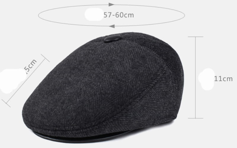 Gorra plana tipo herringbone para hombre en lana gris oscuro con patrón herringbone, botón negro en la parte superior y visera cosida, adecuada para el invierno con cubreorejas.