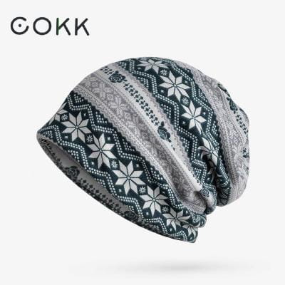 Cokk floral knit beanie hat unisex casual autumn headwear featuring a gray and black nordic-inspired pattern with snowflake motifs.