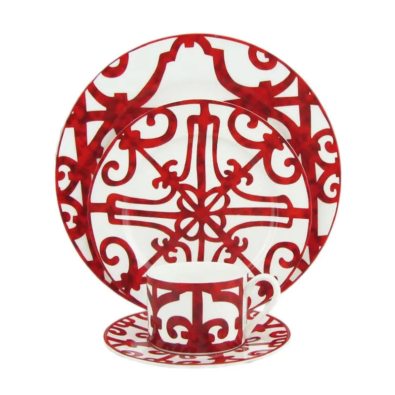 Ceramic Steak Plate Set, Coffee Cup and Saucer Bone China Dinnerware, Western Food Tray, Red Pattern Dishes, Afternoon Tea Cup