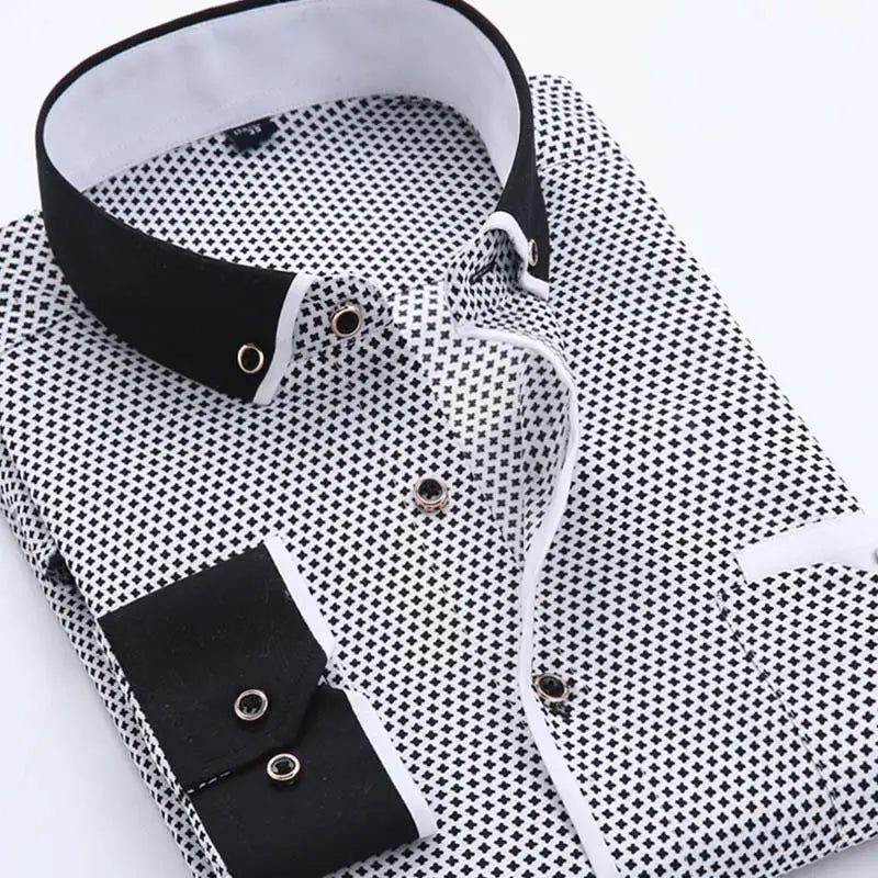 Men floral dress shirt slim fit long sleeve casual in black and white checkered pattern with contrasting black collar and cuffs and silver toned button details.