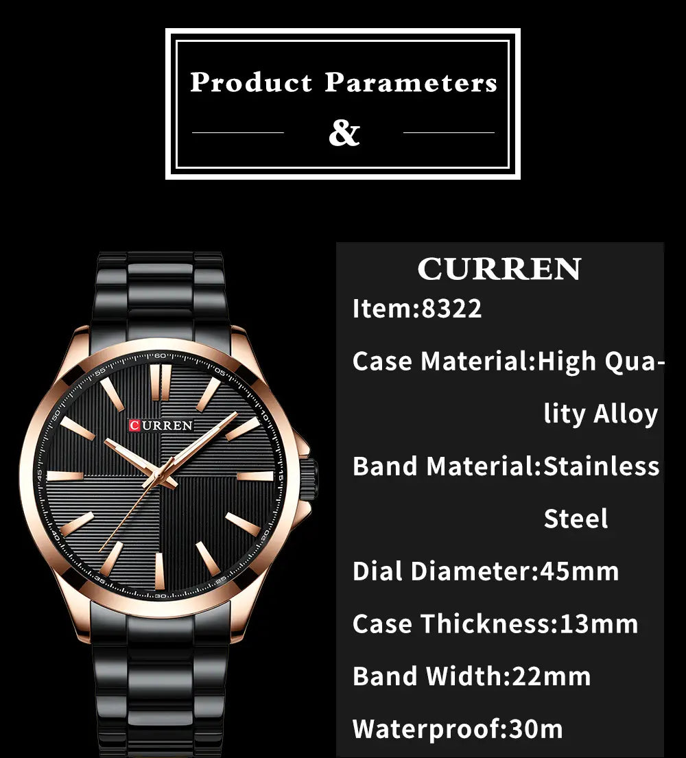 Montre pour homme Curren en or rose, quartz, avec cadran noir, boîtier à tonalité or rose et bracelet en acier inoxydable.