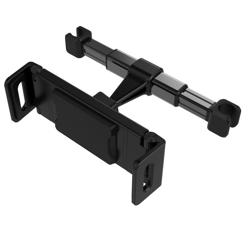 Schwarze Tablet-Autohalterung aus Kunststoff mit verstellbaren Armen und Clip-on-Enden für Geräte von 4,7 bis 13 Zoll, dargestellt von der Rückseite