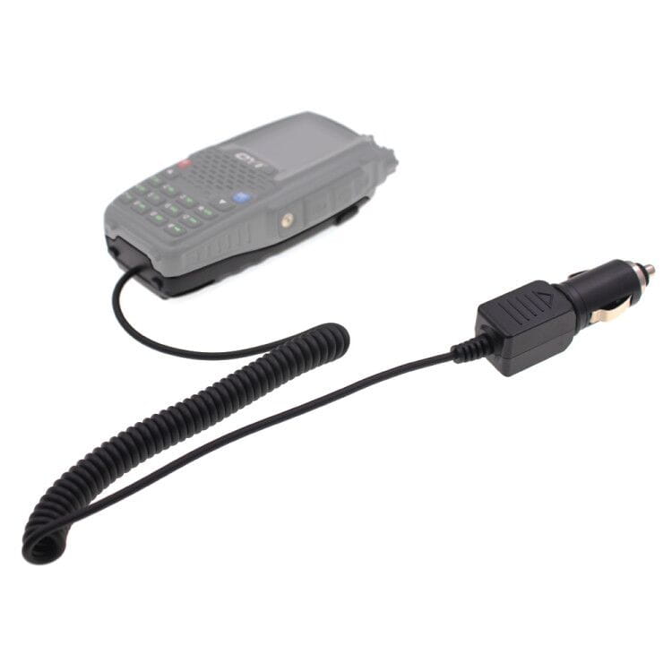 black coiled car charger cable with a rectangular plug and connector for gray handheld radio designed as a battery eliminator 12v for qyt kt 8r walkie talkie offering a 12v portable powerful solution.