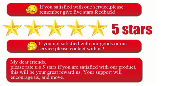 banners rectangulares de calificación rojos con estrellas doradas y texto blanco que promueven la retroalimentación de cinco estrellas para una bufanda de lana de lujo para mujer
