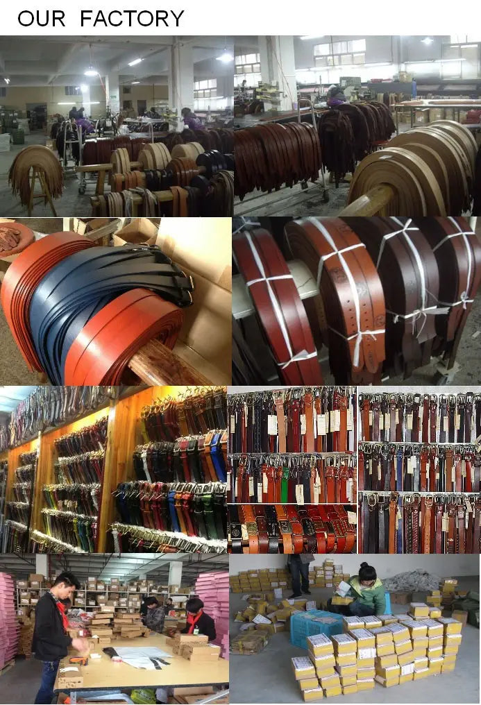 A variety of genuine leather men jeans belts in multiple colors and styles with brass owl belt buckles neatly stacked for production.