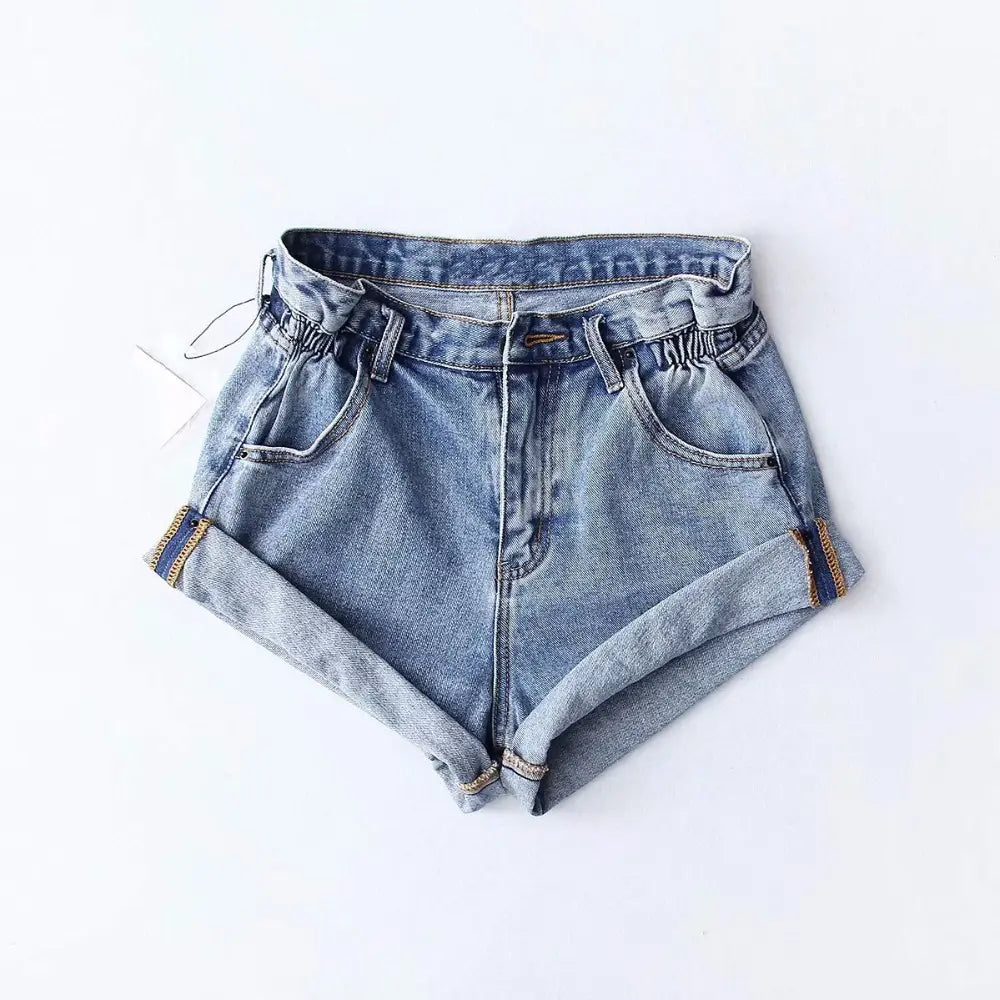 light-wash high waist denim shorts for women with rolled cuffs and elastic waistband made of casual cotton perfect for everyday wear and available within business days.