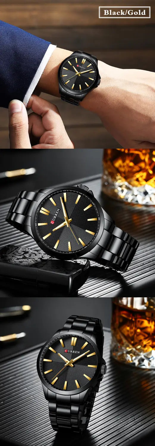 Montre pour homme Curren en or rose, quartz, avec cadran texturé noir et or et bracelet en acier inoxydable élégant.