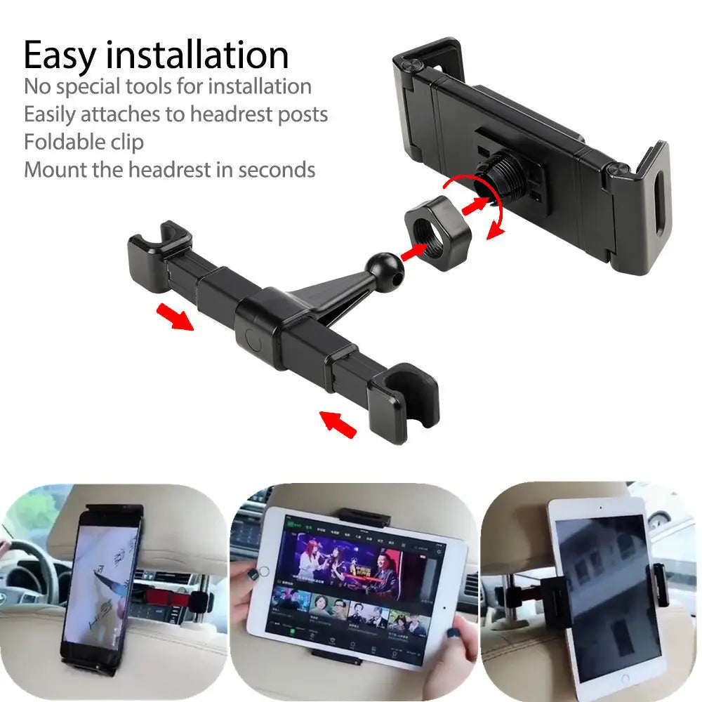 Schwarze Tablet-Kopfstützenhalterung aus Kunststoff für das Auto für Geräte von 4,7 bis 13 Zoll mit klappbarem Clip und verstellbarer Klemme, dargestellt von der Rückseite.