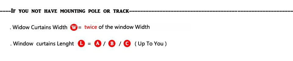 Instruction manual page with black text on white background and red circular icons next to measurement labels for widow curtains width and length for embroidered living room curtains designed for French window type.