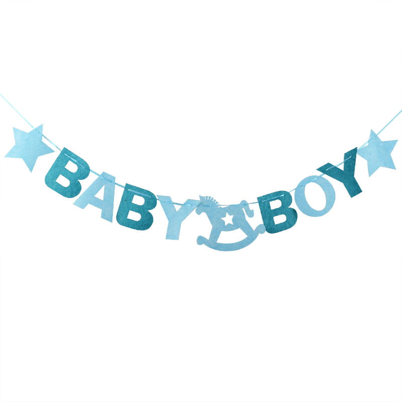 Guirnalda banderín de fieltro celeste claro con purpurina para baby shower, con letras de «niño», recortes con forma de estrella y un diseño de caballo mecedor para la decoración de la fiesta.