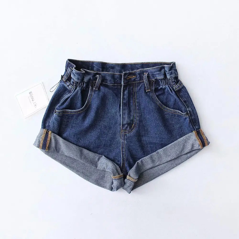 dark blue high waist denim shorts with rolled cuffs and a gathered waistband made of cotton for casual women suitable for business days and available in various length inch-cm measurements.