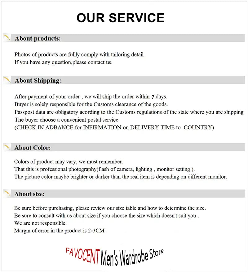 Men’s wool plaid overcoat slim fit winter jacket displayed on Favocent mens wardrobe store service information page.