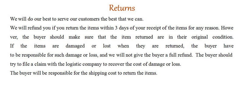 the image shows a printed returns policy document with black text and a brown serif returns heading on a white background for custom wedding hand fans personalized bamboo silk favors