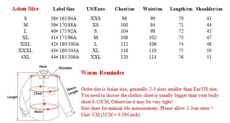 Size chart for men floral dress shirt slim fit long sleeve casual showing asian and US Euro sizes with chest waist length and shoulder measurements.