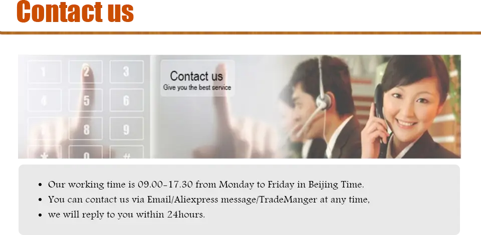 Contact us banner featuring a smiling woman in business attire holding a phone and wearing headphones next to a zinc alloy corner protector 4-pack bronze floral edge cover.