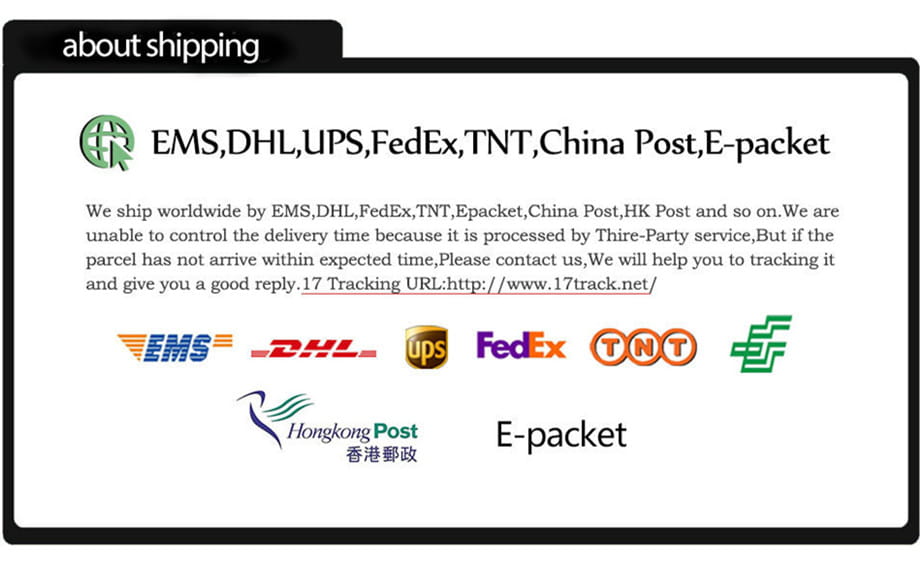 The back side of silicone tablet gaming grips for Pubg displays a shipping information panel listing international courier services including EMS, DHL, FedEx, TNT, China Post, and e-packet.