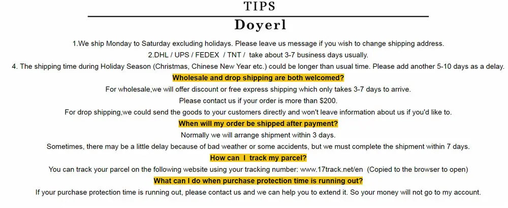 The image shows a shipping and customer service information page for doyerl featuring delivery times, wholesale options, dropshipping policies, tracking instructions, and protection time assistance for the piece sets woman ruched high neck flare outfit.